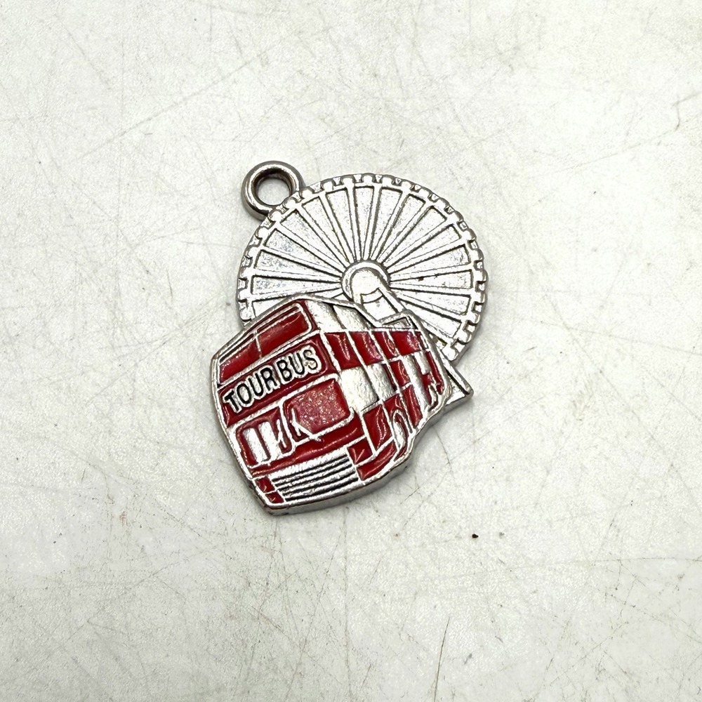 London Souvenir Charm Red Enamel Tour Bus Ferris Wheel Silver Tone Pendant